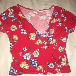 red floral wrap top